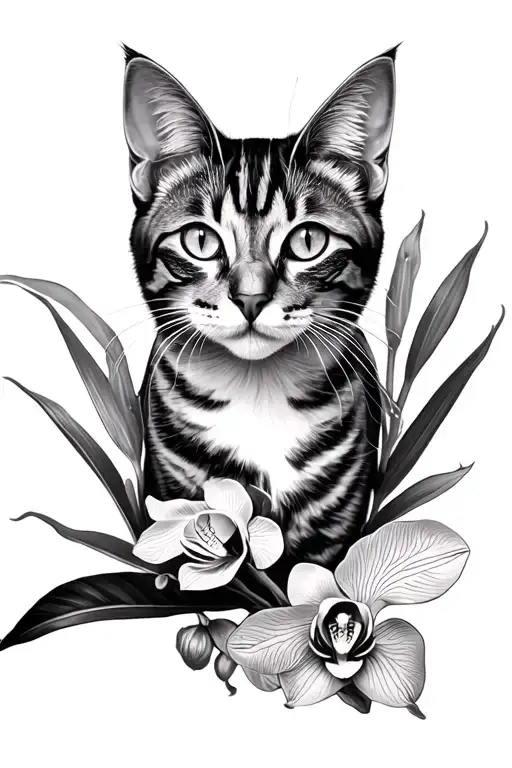 cat between Orquideas and Guacamaya not realistic tattoo design idea