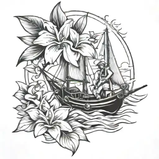 frangipani flower, fishing boat with fisherman, anchor tattoo design idea