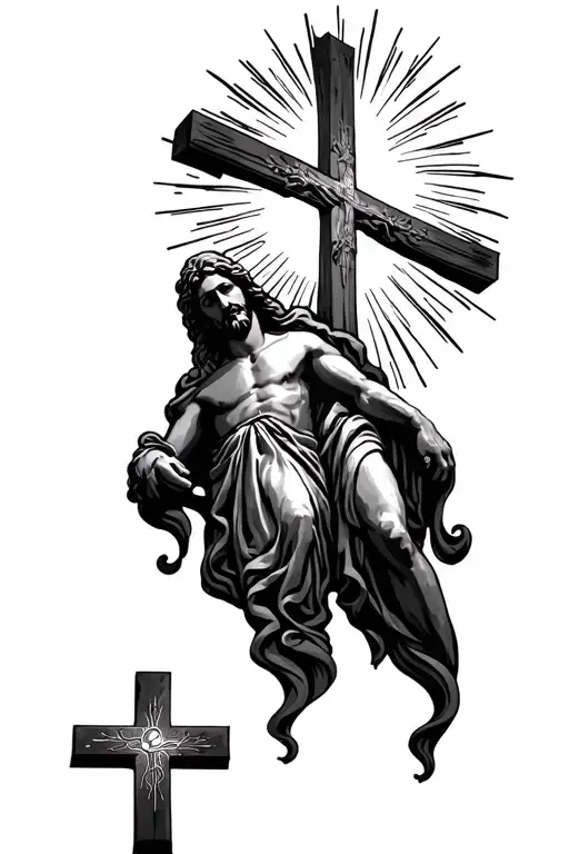 christain cross at bottom with rays of light and a verse tattoo design idea