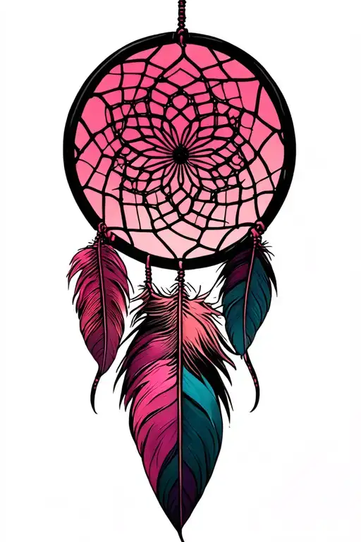 Dreaming catcher with feather and pink tattoo design idea