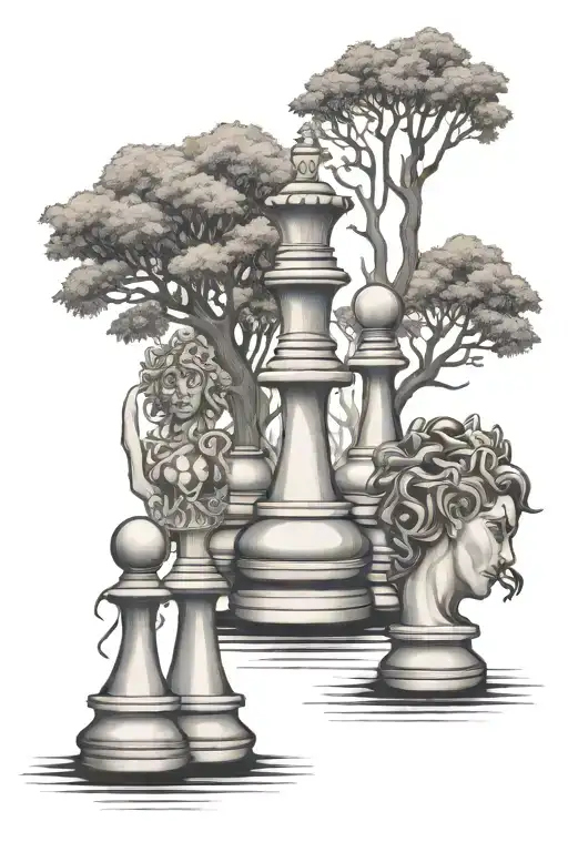 three trees and 1 queen chess piece featuring tattoo design idea