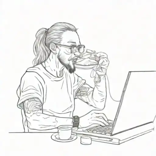 A sketch tattoo of a software engineer working on a computer while slurping ramen noodles tattoo design idea