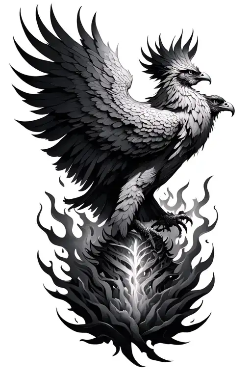 Symmetrical phoenix rising from the ashes on the spine tattoo design idea