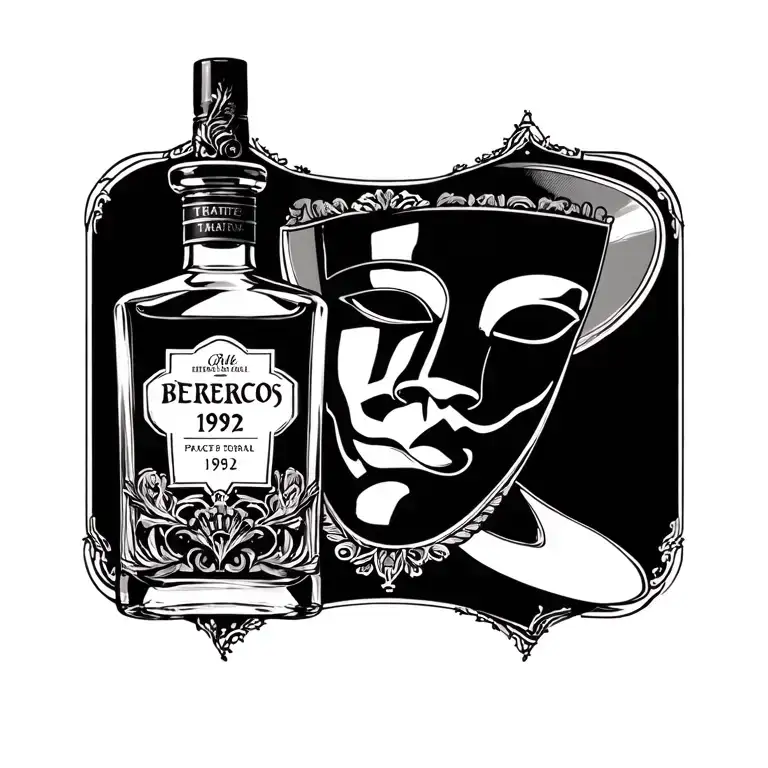 A pretty bottle of spirits, a mask evoking theater on the label, the year 1992.All in an elegant, art-deco style tattoo design idea