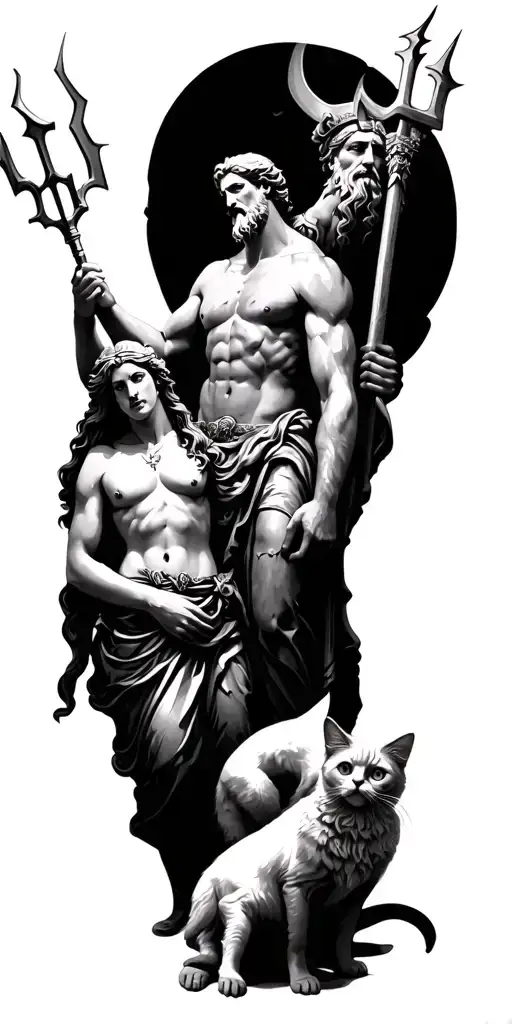 Zeus holding a lightning bolt  Poseidon holding a trident and Hera holding a cat down the arm sleeve  tattoo design idea
