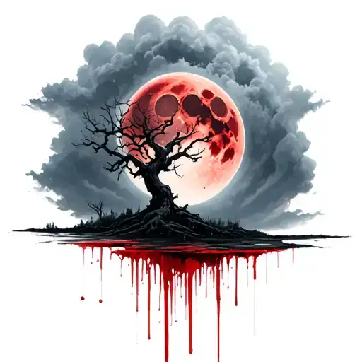 eerie tree blood moon and clouds  tattoo design idea