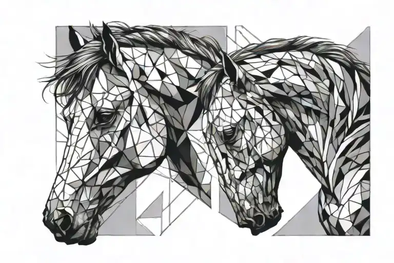 horse face looking forward split with geometric lines tattoo design idea
