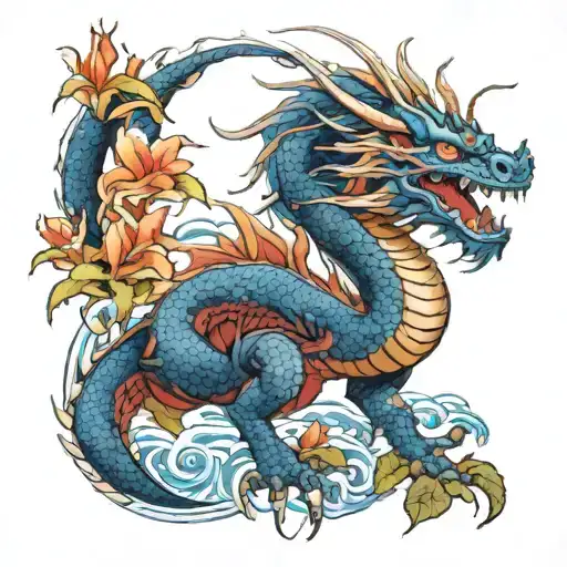 blue dragon with spider lilies tattoo design idea