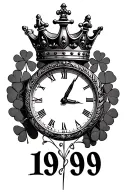 time chess king crown and 4 leaf clover surrounding 1999 on the bottom more detailed  tattoo design idea