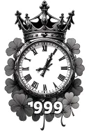 time chess king crown and 4 leaf clover surrounding 1999 on the bottom more detailed  tattoo design idea