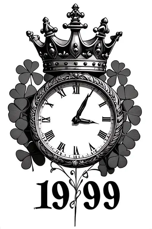time chess king crown and 4 leaf clover surrounding 1999 on the bottom more detailed  tattoo design idea