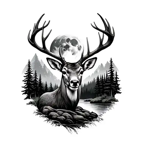 Onen deer with the moon in it is a horn which and adessly of the fir forest, and a river that crosses the forest tattoo design idea