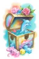 treasure chest smoking with ideas: Dolphins, D&D dice, paint palette tattoo design idea
