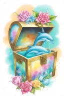 treasure chest smoking with ideas: Dolphins, D&D dice, paint palette tattoo design idea