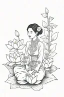 vietnamese woman in traditional dress ao dai, sitting and holding lotus flowers tattoo design idea