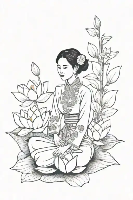 vietnamese woman in traditional dress ao dai, sitting and holding lotus flowers tattoo design idea