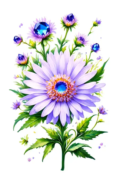 Combine and design a tattoo with aster flower, sapphire stone, aries zodiac sign, 2004 birth year tattoo design idea
