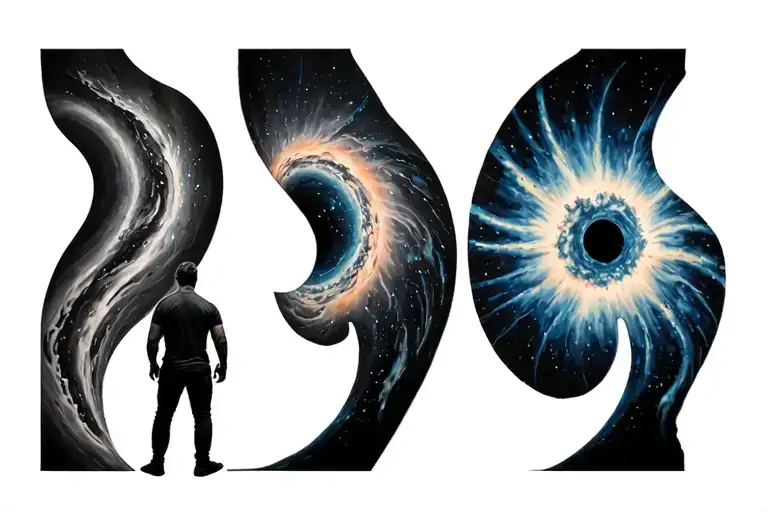 man standing in between a black hole and a supernova tattoo design idea