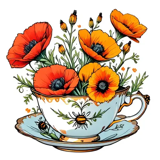 teacup with flowers and bumblebee poppies & Gladioli tattoo design idea