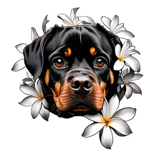 Rottweiler dog paw print surrounded with frangipani flowers  tattoo design idea