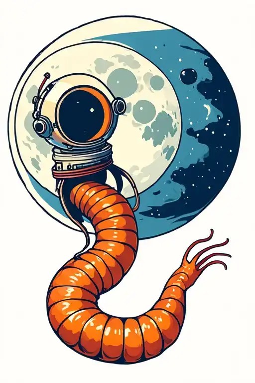 Wes Anderson style earthworm wearing a space helmet floating in front of the moon tattoo design idea