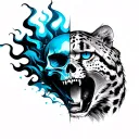 half human skull with dark blue flames coming out of eye and half cheetah face open mouth with light blue eye tattoo design idea