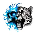 half human skull with dark blue flames coming out of eye and half cheetah face open mouth with light blue eye tattoo design idea