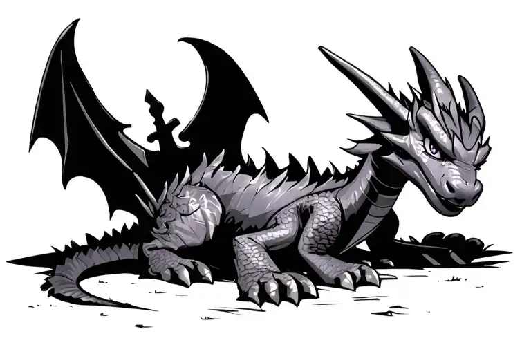 Sleeping Spyro the Dragon, with his shadow blending into a graveyard. tattoo design idea