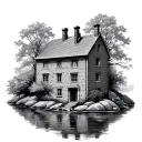 old brick house by river tattoo design idea