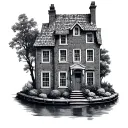 old brick house by river tattoo design idea