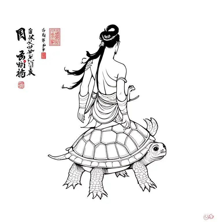 “A full-back traditional Japanese tattoo of Xuanwu (Huyen Thien Tran Vu), the dark warrior deity, standing on a turtle a tattoo design idea