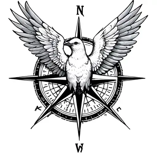 Highly detailed blackwork tattoo design of a bird with wings spread wide, flying over a compass rose, fine line and dotw tattoo design idea