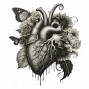 a bleeding human heart laying in hydrangeas, dandelions, and sunflowers in the backgound tattoo design idea