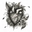 a bleeding human heart laying in hydrangeas, dandelions, and sunflowers in the backgound tattoo design idea