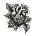 a bleeding human heart laying in hydrangeas, dandelions, and sunflowers in the backgound tattoo design idea
