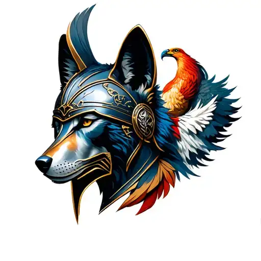 Spartacus helmet, wolf, mountain, cherry and phoenix tattoo design idea