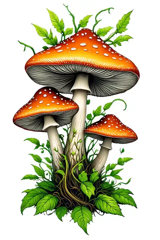 tall psilocybin mushrooms with ayahuasca vines tattoo design idea