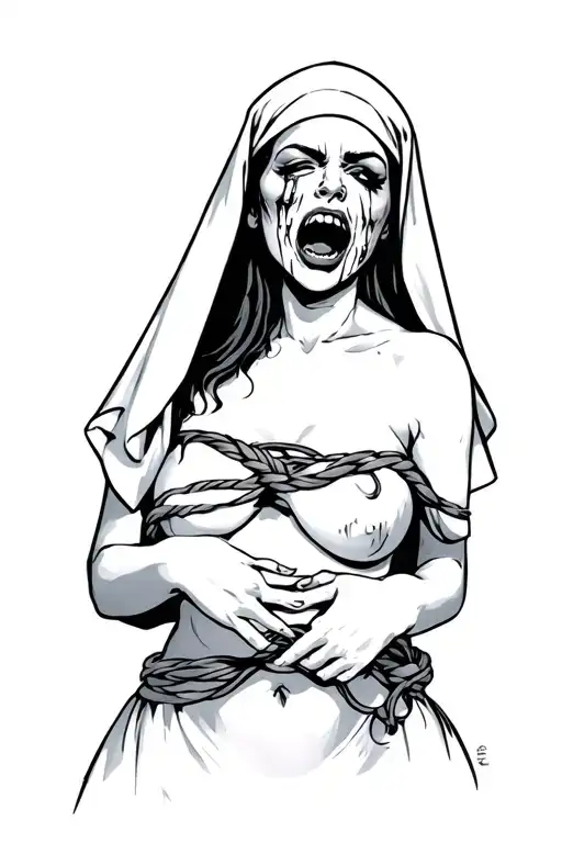 Sexy nun tied with a face of pain and sex subjected by the hands of a man with discovered breasts tattoo design idea