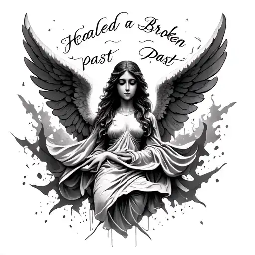 "Healed from a broken past " calm Angel , with chaos in the background tattoo design idea