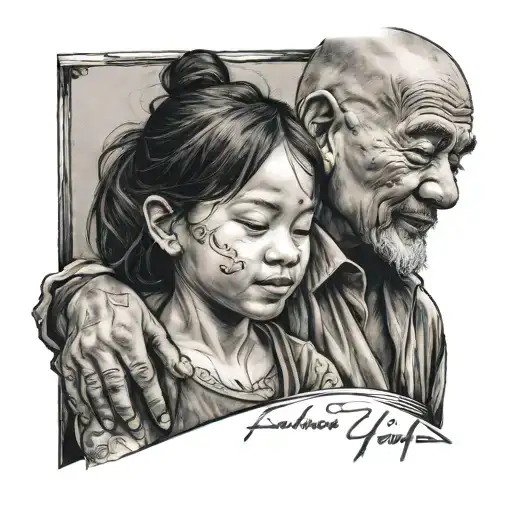 A realistic portrait of Hadi and Melody with a heartwarming quote about fatherhood tattoo design idea