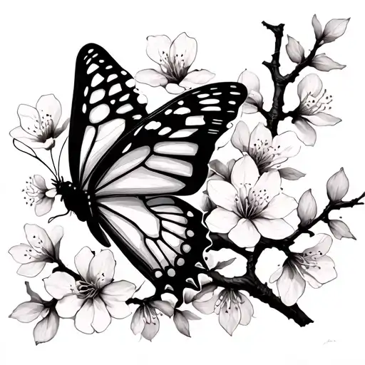 butterfly and sakura branches tattoo design idea