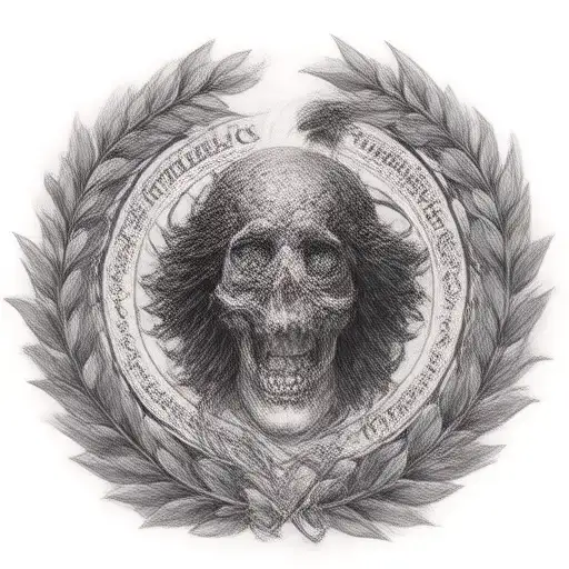 skull and raven within a Laurel Wreath With The Quote "Memento Vivere" In The Inner Borders Tattoo tattoo design idea