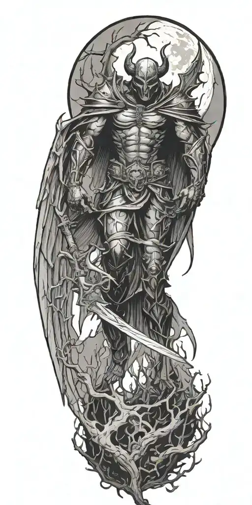 demon knight cutting off his wings in the woods  during dark night with a full moon tattoo design idea