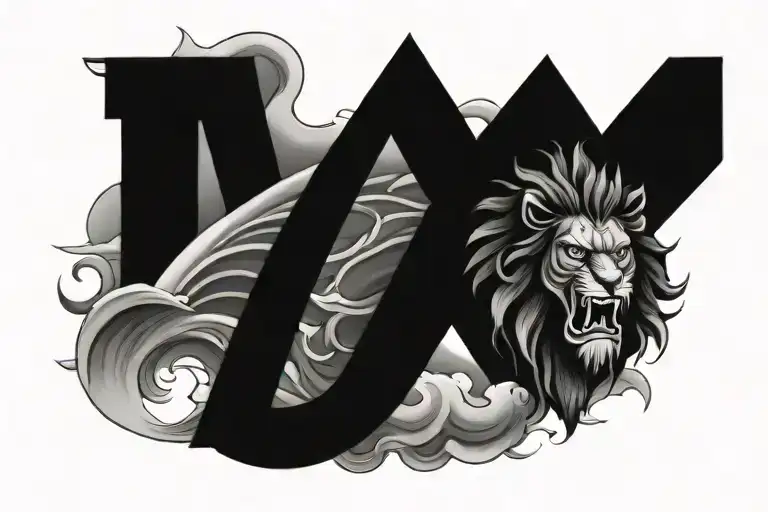 poseidon god, lion roaring, clouds and waves background, lotus flower, letter K, Psalms 37:17 tattoo design idea