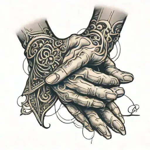 Create a black and gray tattoo design featuring realistic human hands in a praying position, enclosed within a layered t tattoo design idea