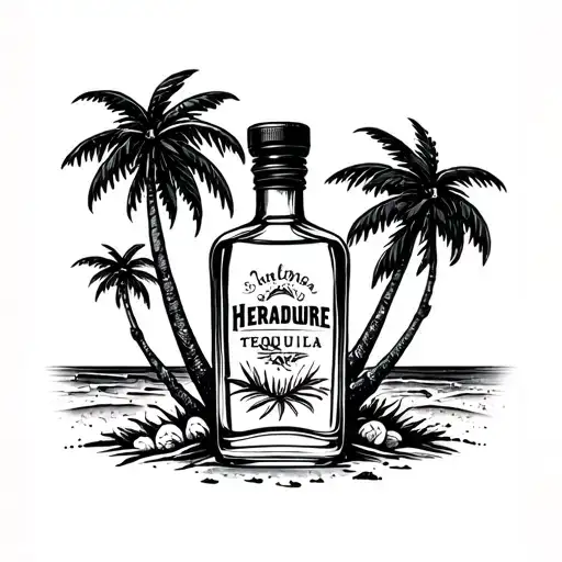 heradure tequila bottle on the beach with 3 palm trees behind tattoo design idea