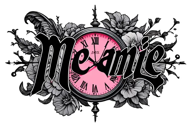 "Mélanie" Black pink clock clock tattoo design idea