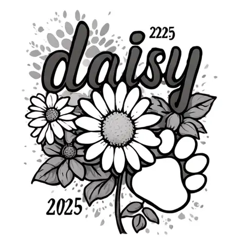 A tattoo of the word daisy with a daisy and a paw print and the numbers 2025 tattoo design idea
