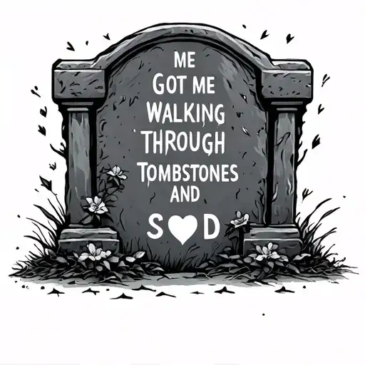 Realistic tombstone with the words “Got me walking through Tombstones”And beneath “SOD” with a love heart tattoo design idea