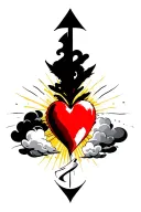 red heart shape, clouds, yellow rays, floral patterns, Norse cross tattoo design idea